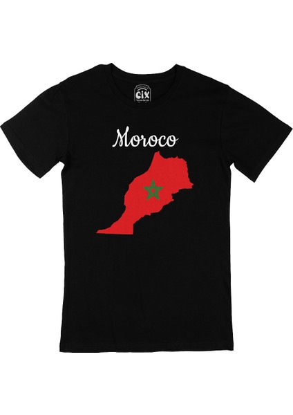 Fas Haritalı ve Bayraklı Siyah Tişört