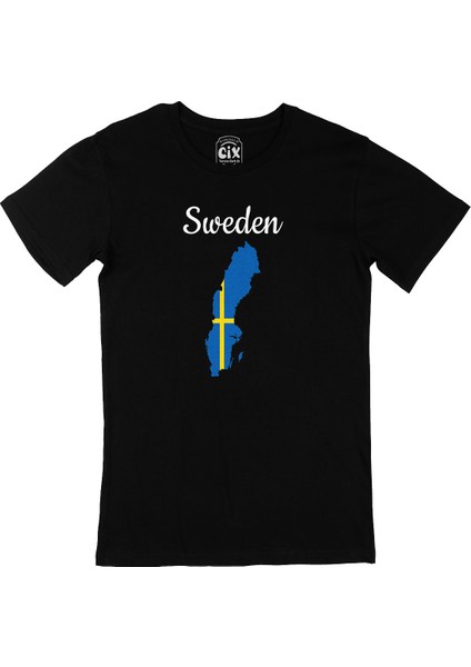 Isveç Haritalı ve Bayraklı Siyah Tişört