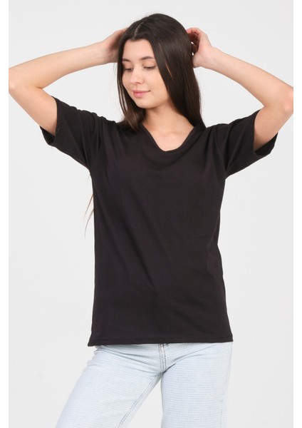 Siyah V Yaka Kısa Kol Örme Kadın T-Shirt modelleri