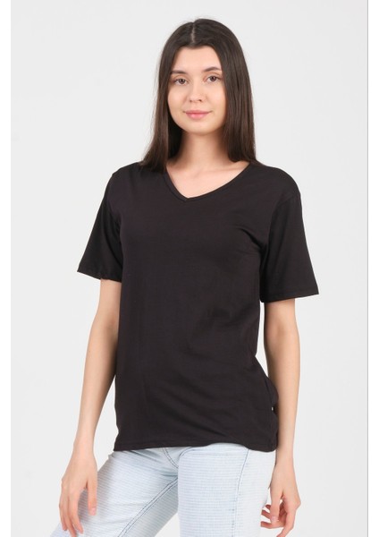 Siyah V Yaka Kısa Kol Örme Kadın T-Shirt fırsatları