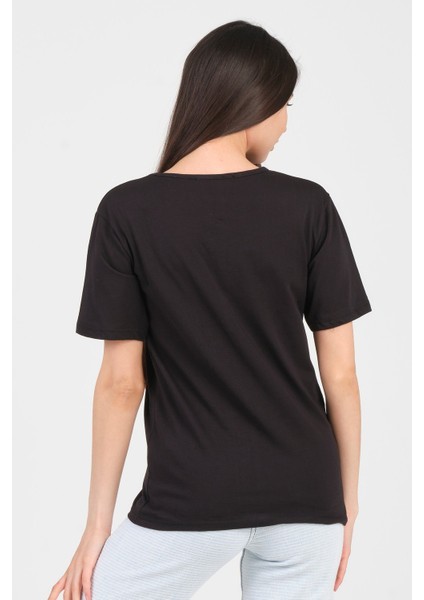 Siyah V Yaka Kısa Kol Örme Kadın T-Shirt indirimleri