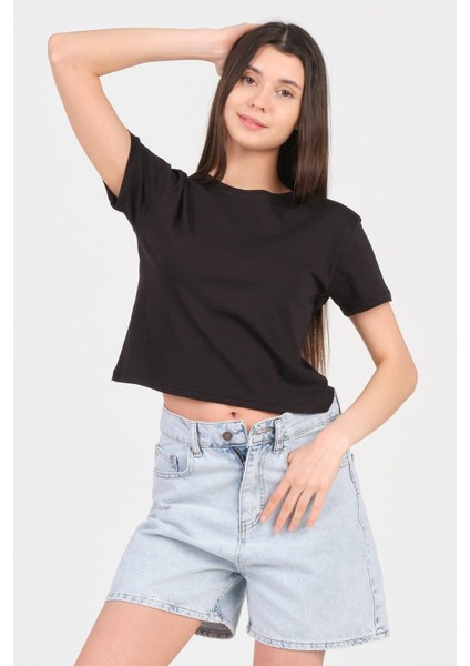 Siyah Bisiklet Yaka Kısa Kol Örme Kadın Crop