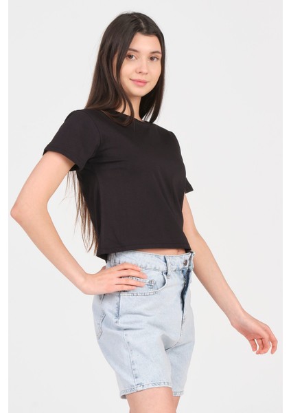 Siyah Bisiklet Yaka Kısa Kol Örme Kadın Crop