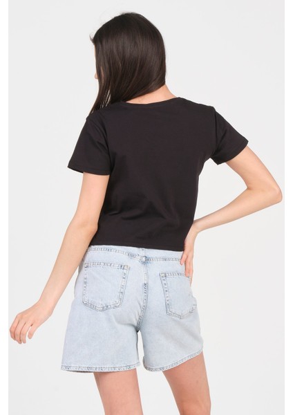 Siyah Bisiklet Yaka Kısa Kol Örme Kadın Crop