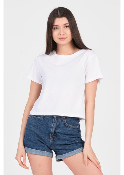 Beyaz Bisiklet Yaka Kısa Kol Örme Kadın Crop
