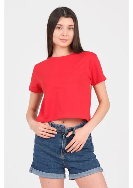 Kırmızı Bisiklet Yaka Kısa Kol Örme Kadın Crop