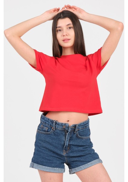 Kırmızı Bisiklet Yaka Kısa Kol Örme Kadın Crop