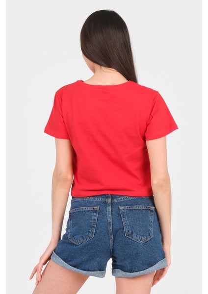 Kırmızı Bisiklet Yaka Kısa Kol Örme Kadın Crop