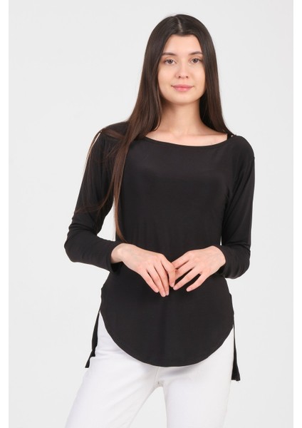 Siyah Uzun Kol Yırtmaçlı Sandy Kadın T-Shirt fiyatları