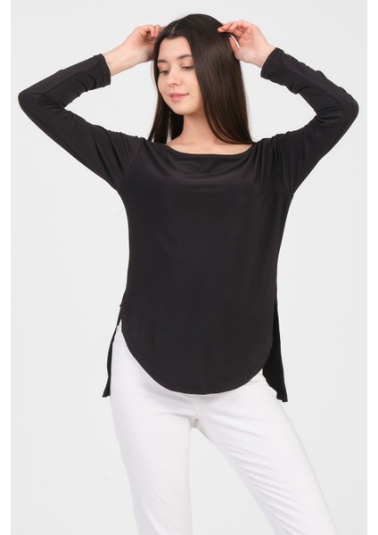 Siyah Uzun Kol Yırtmaçlı Sandy Kadın T-Shirt modelleri