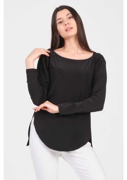 Siyah Uzun Kol Yırtmaçlı Sandy Kadın T-Shirt fırsatları