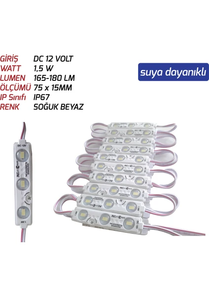 Js-Modül LED 1,5 W 12V Soğuk Beyaz Renk 20 Adet Paket Sıralı ((Suya Dayanıklı))