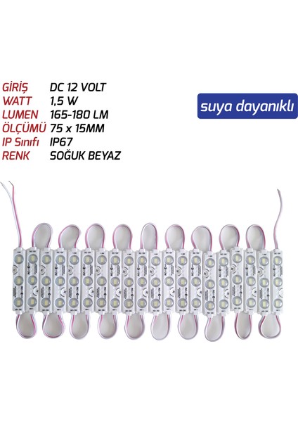 Js-Modül LED 1,5 W 12V Soğuk Beyaz Renk 20 Adet Paket Sıralı ((Suya Dayanıklı))