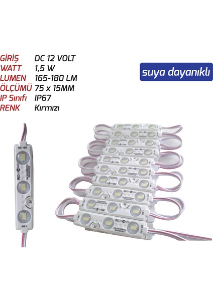 Js-Modül LED 1,5 W 12V Kırmızı Renk 20 Adet Paket Sıralı ((Suya Dayanıklı))