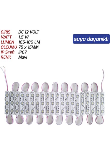 Js-Modül LED 1,5 W 12V Mavi Renk 20 Adet Paket Sıralı ((Suya Dayanıklı))