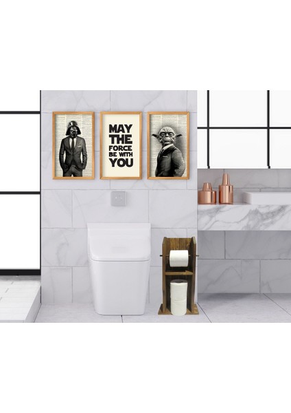 Gift Doğal Masif Ahşap Tuvalet Kağıtlığı ve Dekoratif 3’lü Retro Ahşap Tablo-8