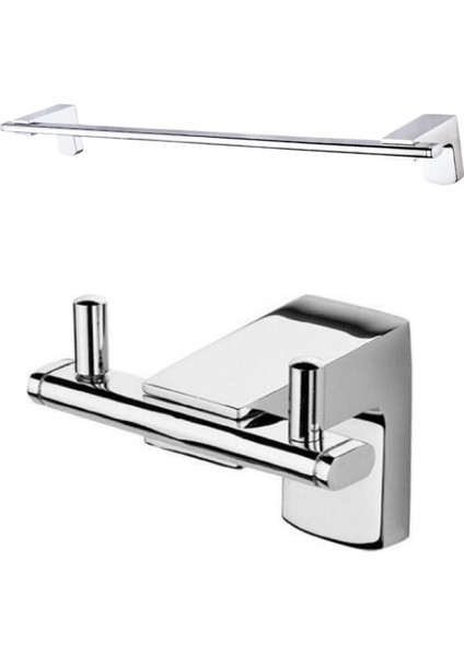 Premium Ikili Bornoz Askılık + Uzun Havluluk 47 cm Ikili Banyo Aksesuar Seti