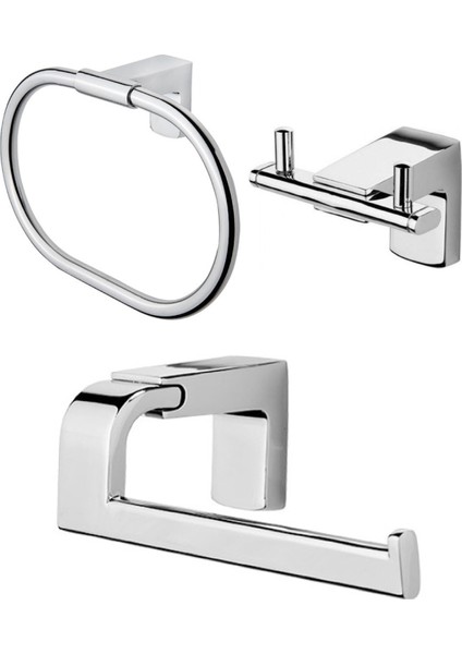 Premium Ikili Askılık + Yuvarlak Havluluk + Kapaksız Kağıtlık Banyo Seti
