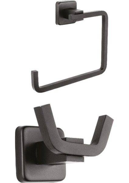 Kare Mat Siyah Ikili Bornoz Askılık + Yuvarlak Havluluk Ikili Banyo Seti