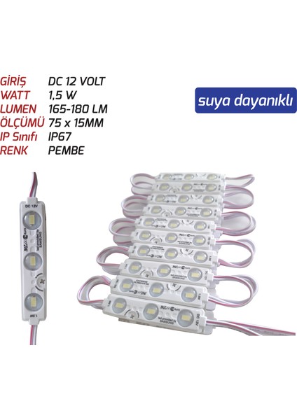 Js-Modül LED 1,5 W 12V Pembe Renk 20 Adet Paket Sıralı ((Suya Dayanıklı))