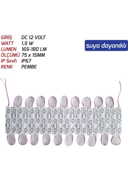 Js-Modül LED 1,5 W 12V Pembe Renk 20 Adet Paket Sıralı ((Suya Dayanıklı))