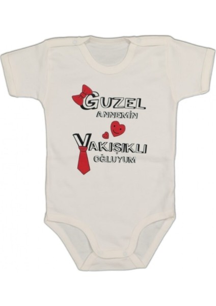 Unisex Bebek Body Kısa Kollu Güzel Annemin Yakışıklı Oğluyum Baskılı Body