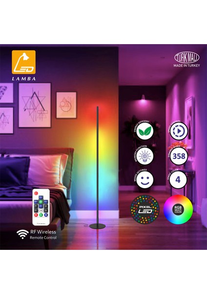 Köşe Pixel Rgb Kumandalı Lambader Beyaz Gövde
