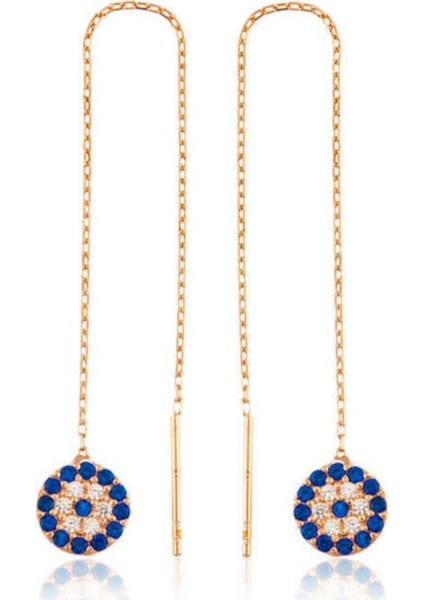 Gümüş Zincir Küpe Rose Gold Nazar Boncuklu Gümüş Küpe 8mm