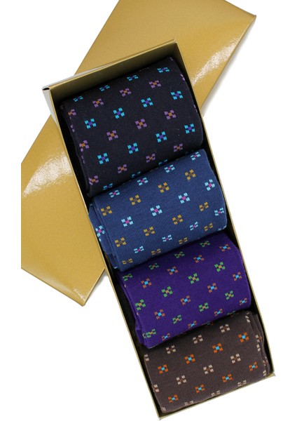 4'lü Paket Mini Çiçek Desenli Kutulu Erkek Çorap