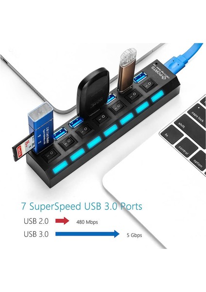 7 Port USB 3.0 Çoklayıcı Hub Adaptörlü Ledli On/off Anahtarlı