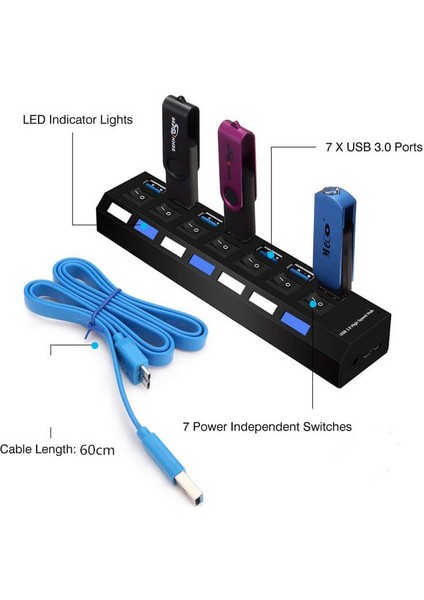 7 Port USB 3.0 Çoklayıcı Hub Adaptörlü Ledli On/off Anahtarlı