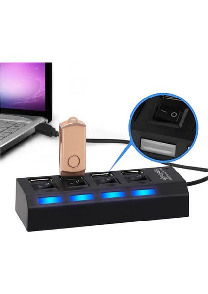 4 Port USB 2.0 Çoklayıcı Hub Anahtarlı Işıklı Adaptörlü