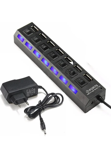 7 Port USB Hub Çoklayıcı Adaptörlü On / Off Anahtarlı Ledli