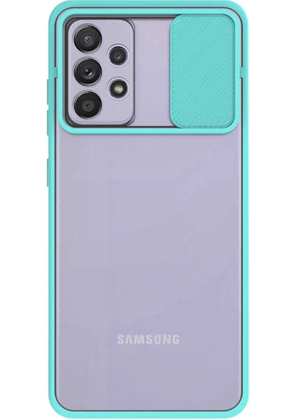 Case World Samsung Galaxy A52 ile Uyumlu Kapak Lensi Açılır Kapanır Kamera Korumalı Silikon ile Uyumlu Kılıf - Turkuaz