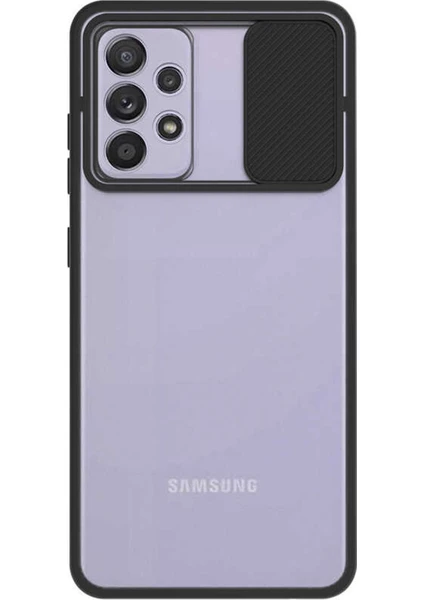 Case World Samsung Galaxy A72 ile Uyumlu Kapak Lensi Açılır Kapanır Kamera Korumalı Silikon ile Uyumlu Kılıf - Siyah