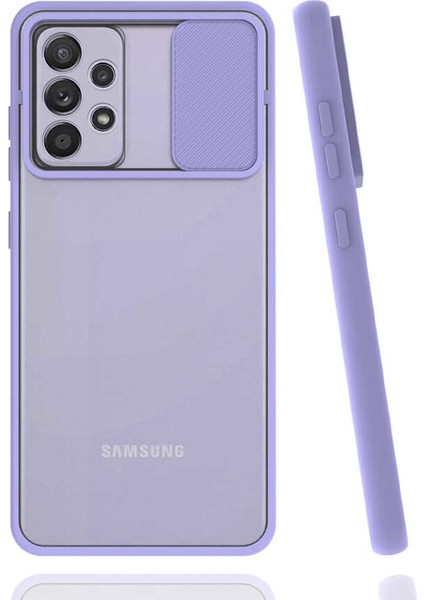 - Samsung Galaxy A52 - Kılıf Slayt Sürgülü Arkası Buzlu Lensi Kapak - Lila