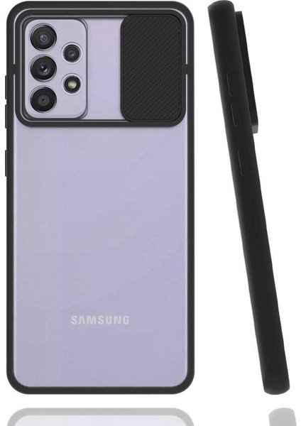 - Samsung Galaxy A52 - Kılıf Slayt Sürgülü Arkası Buzlu Lensi Kapak - Siyah