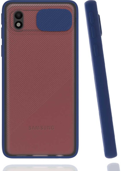 - Samsung Galaxy A01 Core - Kılıf Slayt Sürgülü Arkası Buzlu Lensi Kapak - Lacivert - T16854