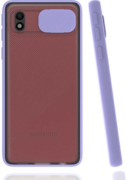- Samsung Galaxy A01 Core - Kılıf Slayt Sürgülü Arkası Buzlu Lensi Kapak - Lila - T16854