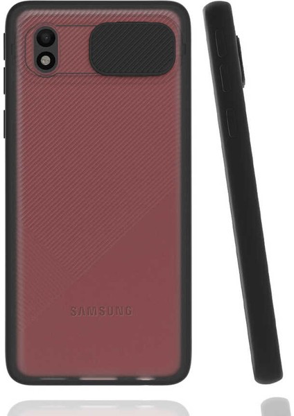 - Samsung Galaxy A01 Core - Kılıf Slayt Sürgülü Arkası Buzlu Lensi Kapak - Siyah - T16854