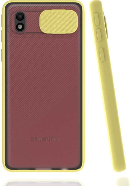 - Samsung Galaxy A01 Core - Kılıf Slayt Sürgülü Arkası Buzlu Lensi Kapak - Sarı - T16854