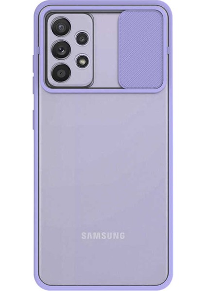Samsung Galaxy A52 Kapak Lensi Açılır Kapanır Kamera Korumalı Silikon Kılıf - Lila