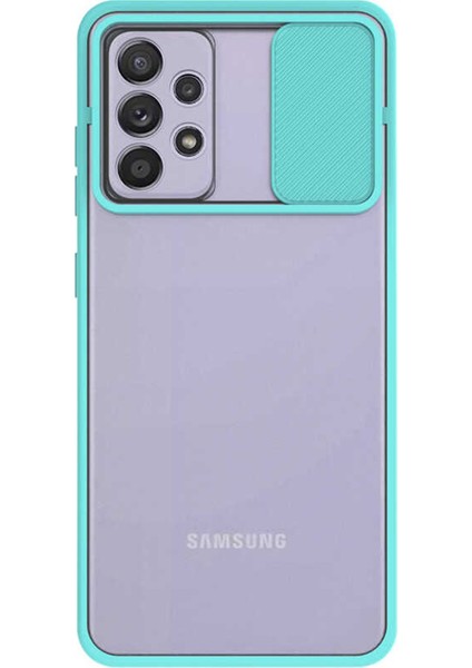 Samsung Galaxy A52 Kapak Lensi Açılır Kapanır Kamera Korumalı Silikon Kılıf - Turkuaz