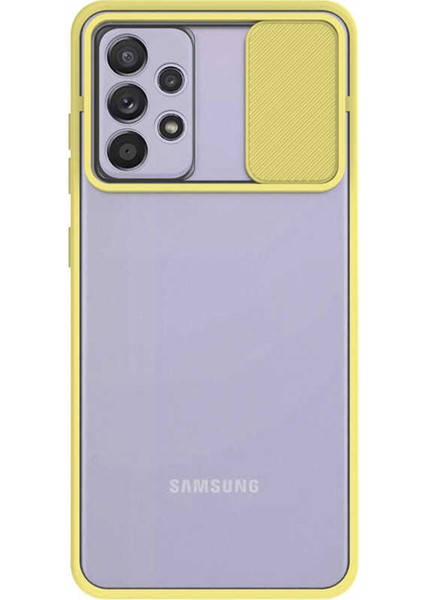 Samsung Galaxy A72 Kapak Lensi Açılır Kapanır Kamera Korumalı Silikon Kılıf - Sarı