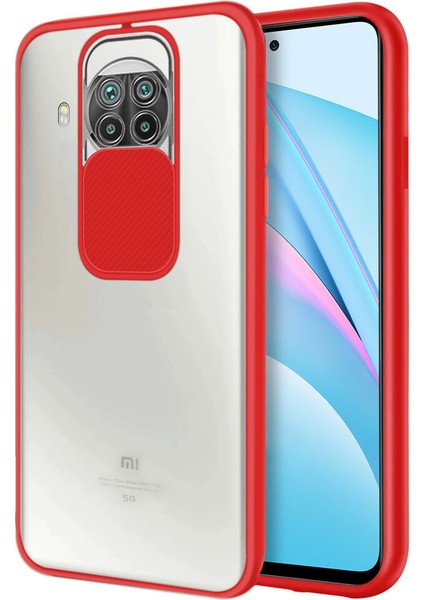 Xiaomi Redmi Note 9 Pro 5G Kapak Lensi Açılır Kapanır Kamera Korumalı Silikon Kılıf - Kırmızı