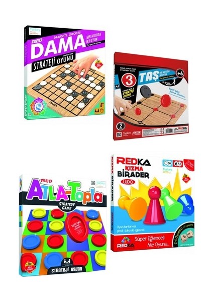 Dama + 9/3 Taş Oyunu + Atla Topla + Kızma Birader (4'lü Set)