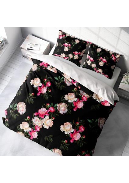 Black Flower 3D Pamuk Saten Çift Kişilik Nevresim Takımı