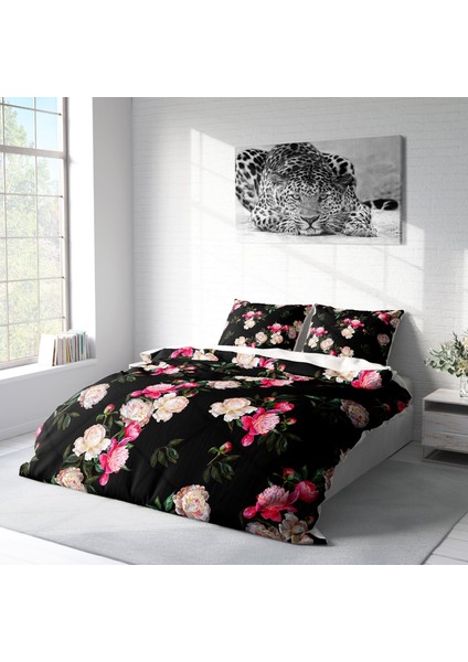 Black Flower 3D Pamuk Saten Çift Kişilik Nevresim Takımı