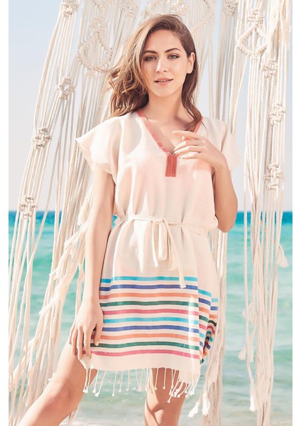 Gökkuşağı Keten Efektli Iç Göstermeyen Pamuk Plaj Elbisesi