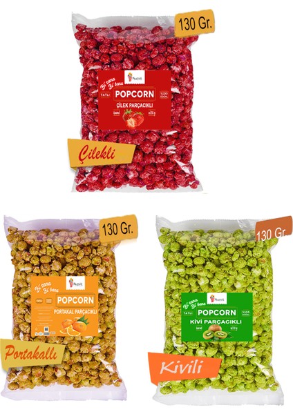 3 Paket Meyve Parçacıklı Karışık Patlamış Mısır / Popcorn Seti 130 gr - Çilekli + Portakallı + Kivili